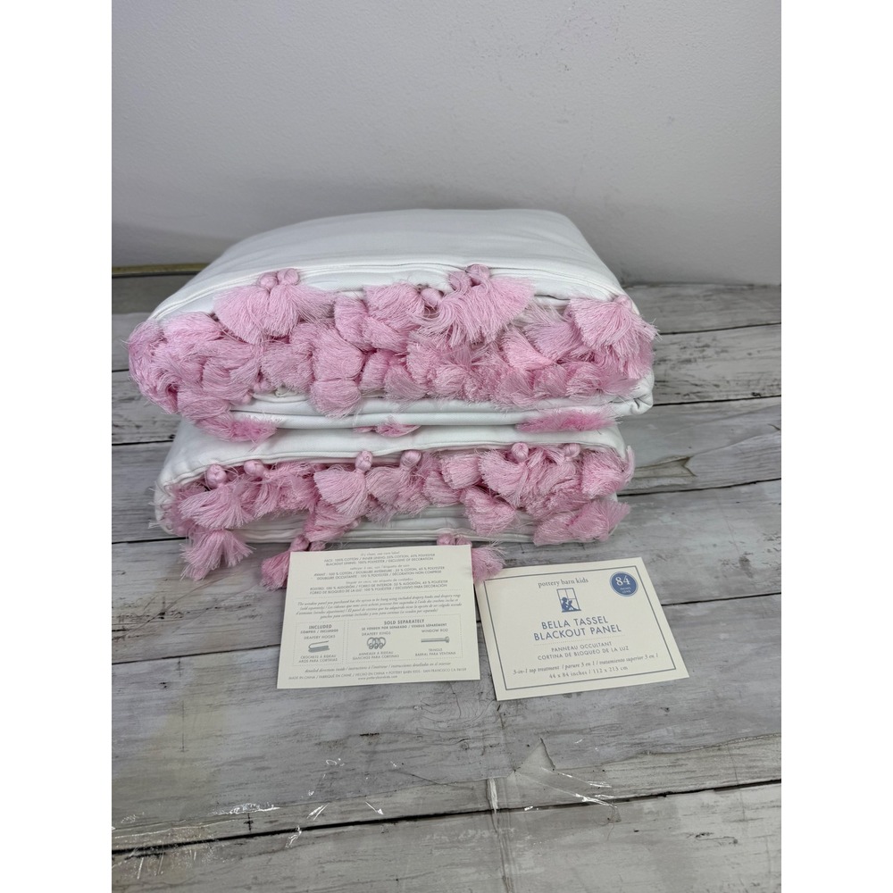 Pottery Barn Kids Bella Tassel Blackout Curtain Panels White Pink set of 2